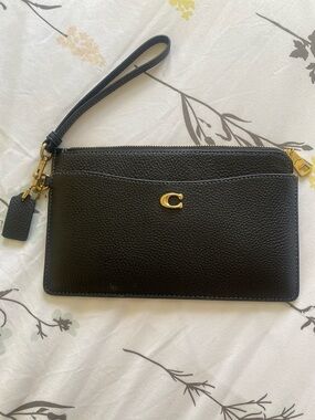 Coach Black Pebbled Leather Wristlet with Gold Hardware